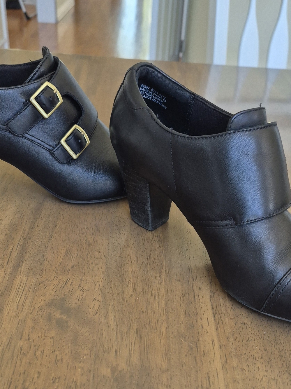 Clarks Black Leather Ankle Booties with Gold Buckles
